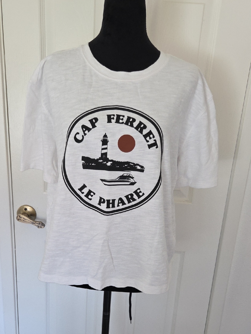 Lou & Grey White Tee with Black Lighthouse Graphic and Rust Sun